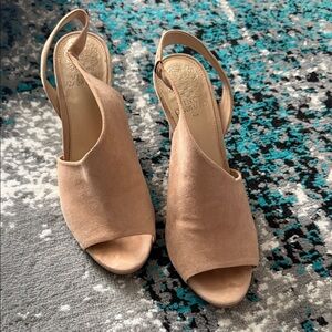 Vince Camuto Beige Suede Peep-Toe Slingback Mules